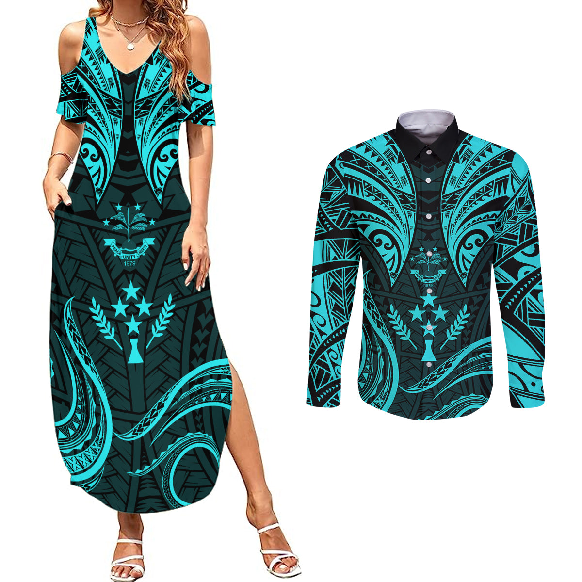 FSM Kosrae States Couples Matching Summer Maxi Dress and Long Sleeve Button Shirts Micronesia Vintage Polynesian Tribal Aqua Version LT9 Aqua - Polynesian Pride