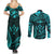 FSM Kosrae States Couples Matching Summer Maxi Dress and Long Sleeve Button Shirts Micronesia Vintage Polynesian Tribal Aqua Version LT9 - Polynesian Pride