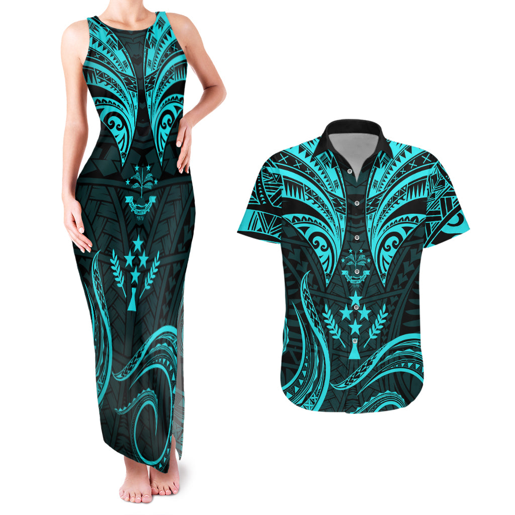 FSM Kosrae States Couples Matching Tank Maxi Dress and Hawaiian Shirt Micronesia Vintage Polynesian Tribal Aqua Version LT9 Aqua - Polynesian Pride