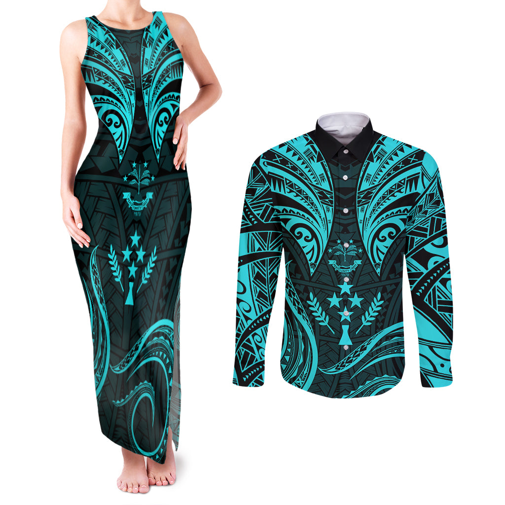 FSM Kosrae States Couples Matching Tank Maxi Dress and Long Sleeve Button Shirts Micronesia Vintage Polynesian Tribal Aqua Version LT9 Aqua - Polynesian Pride