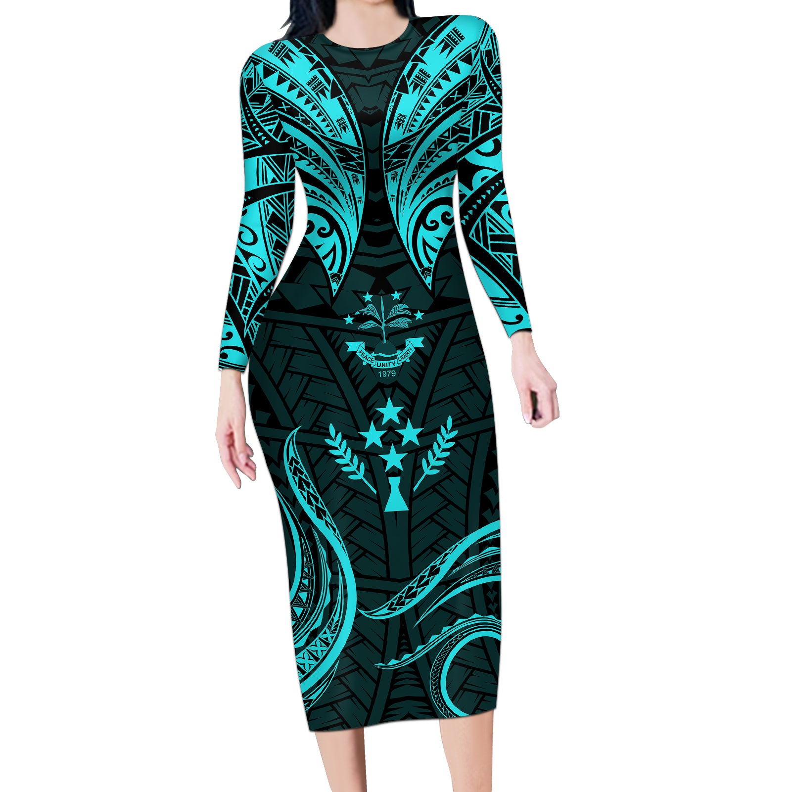 FSM Kosrae States Long Sleeve Bodycon Dress Micronesia Vintage Polynesian Tribal Aqua Version LT9 Long Dress Aqua - Polynesian Pride