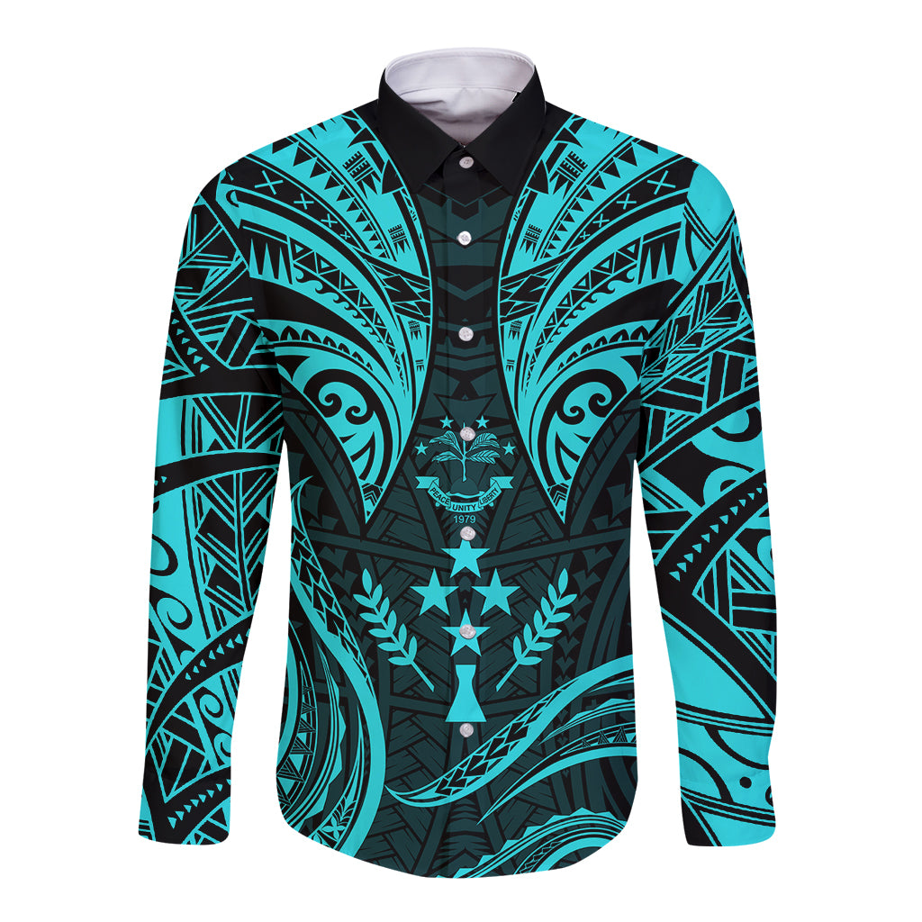 FSM Kosrae States Long Sleeve Button Shirt Micronesia Vintage Polynesian Tribal Aqua Version LT9 Unisex Aqua - Polynesian Pride