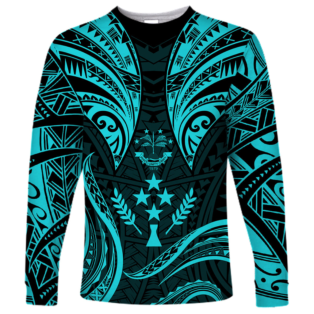 FSM Kosrae States Long Sleeve Shirt Micronesia Vintage Polynesian Tribal Aqua Version LT9 Unisex Aqua - Polynesian Pride