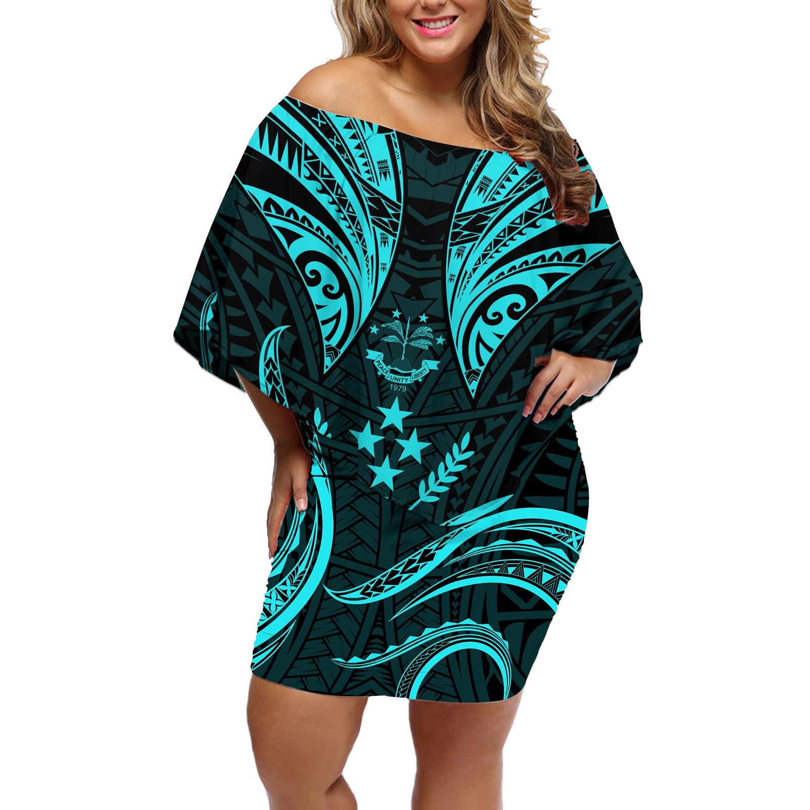 FSM Kosrae States Off Shoulder Short Dress Micronesia Vintage Polynesian Tribal Aqua Version LT9 Women Aqua - Polynesian Pride