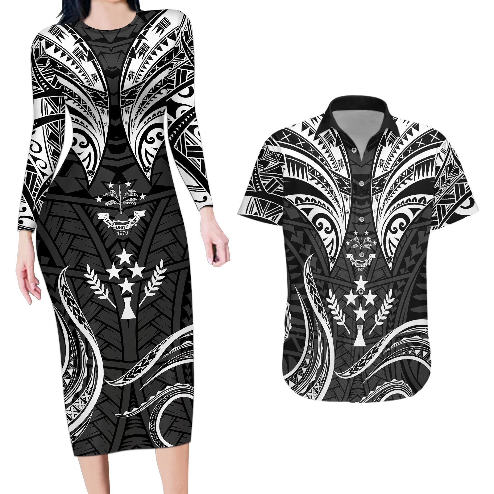 FSM Kosrae States Couples Matching Long Sleeve Bodycon Dress and Hawaiian Shirt Micronesia Vintage Polynesian Tribal Black Version LT9 Black - Polynesian Pride