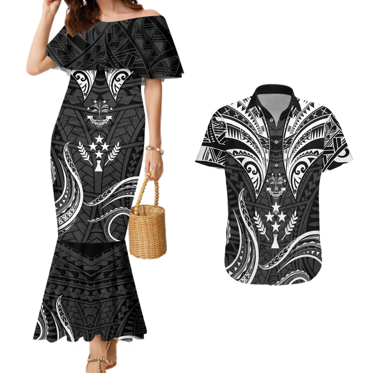 FSM Kosrae States Couples Matching Mermaid Dress and Hawaiian Shirt Micronesia Vintage Polynesian Tribal Black Version LT9 Black - Polynesian Pride