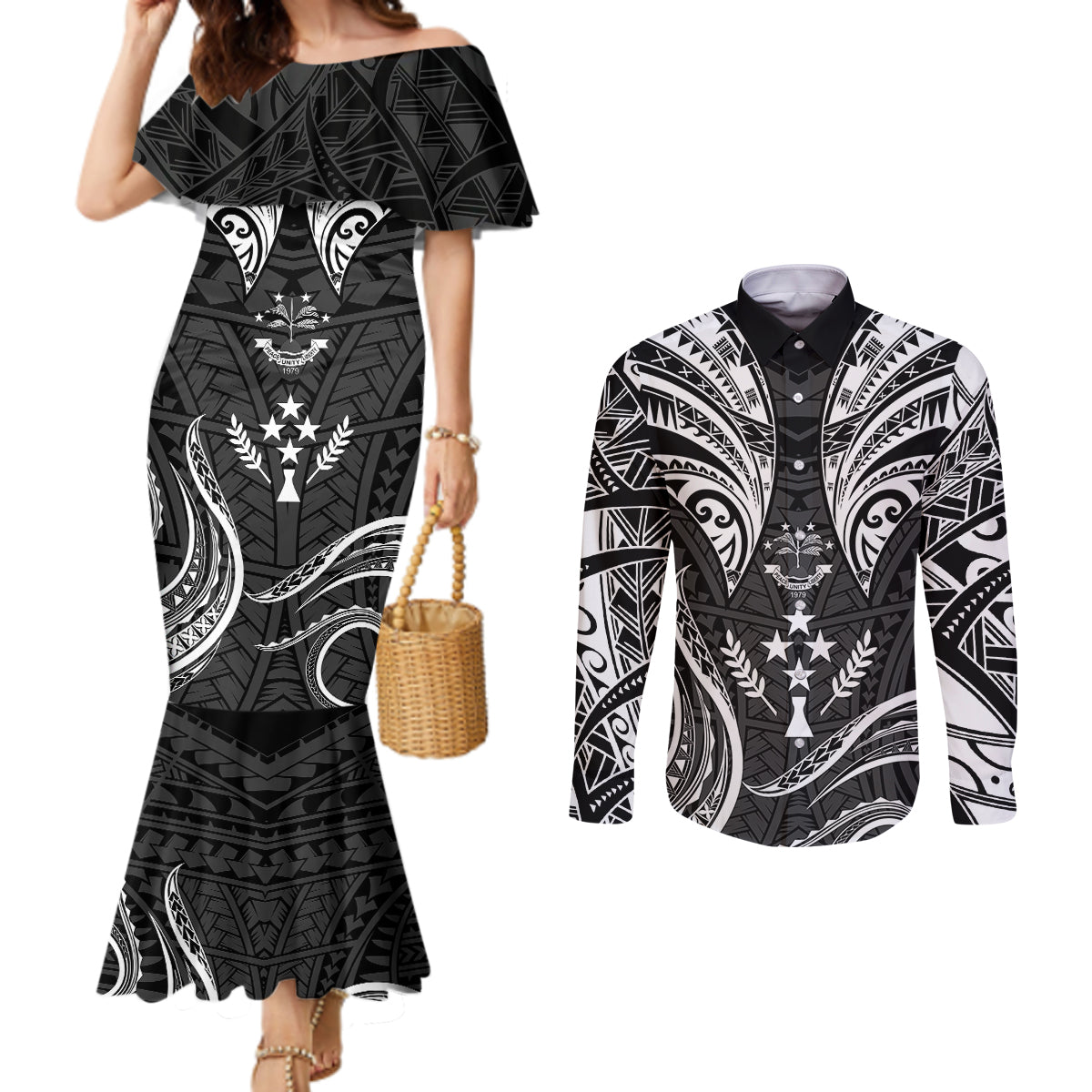 FSM Kosrae States Couples Matching Mermaid Dress and Long Sleeve Button Shirts Micronesia Vintage Polynesian Tribal Black Version LT9 Black - Polynesian Pride