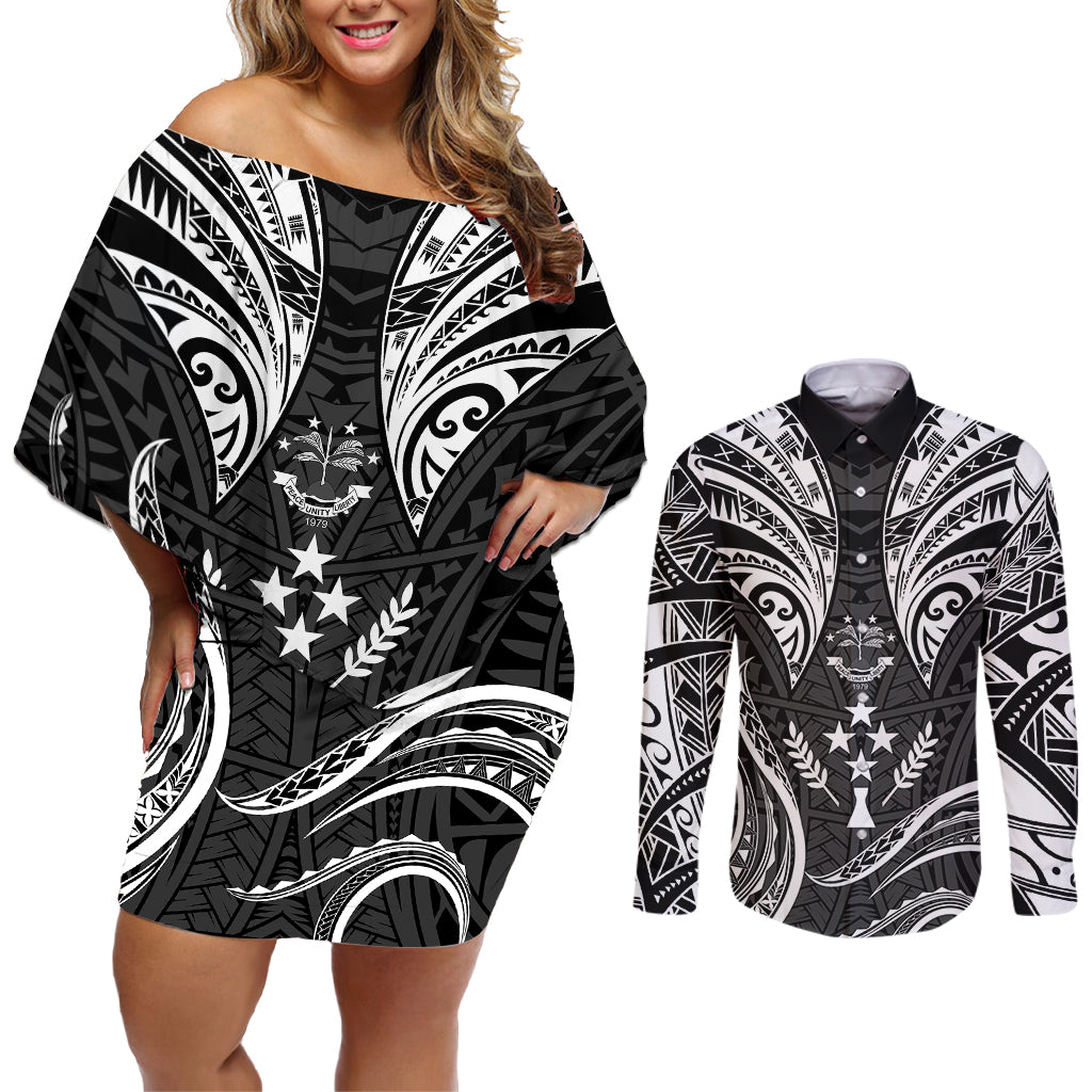 FSM Kosrae States Couples Matching Off Shoulder Short Dress and Long Sleeve Button Shirts Micronesia Vintage Polynesian Tribal Black Version LT9 Black - Polynesian Pride