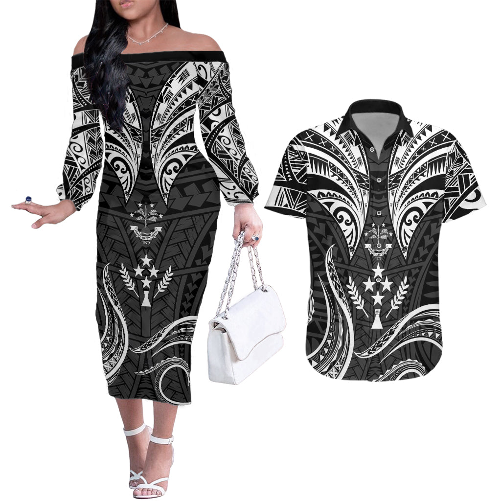 FSM Kosrae States Couples Matching Off The Shoulder Long Sleeve Dress and Hawaiian Shirt Micronesia Vintage Polynesian Tribal Black Version LT9 Black - Polynesian Pride