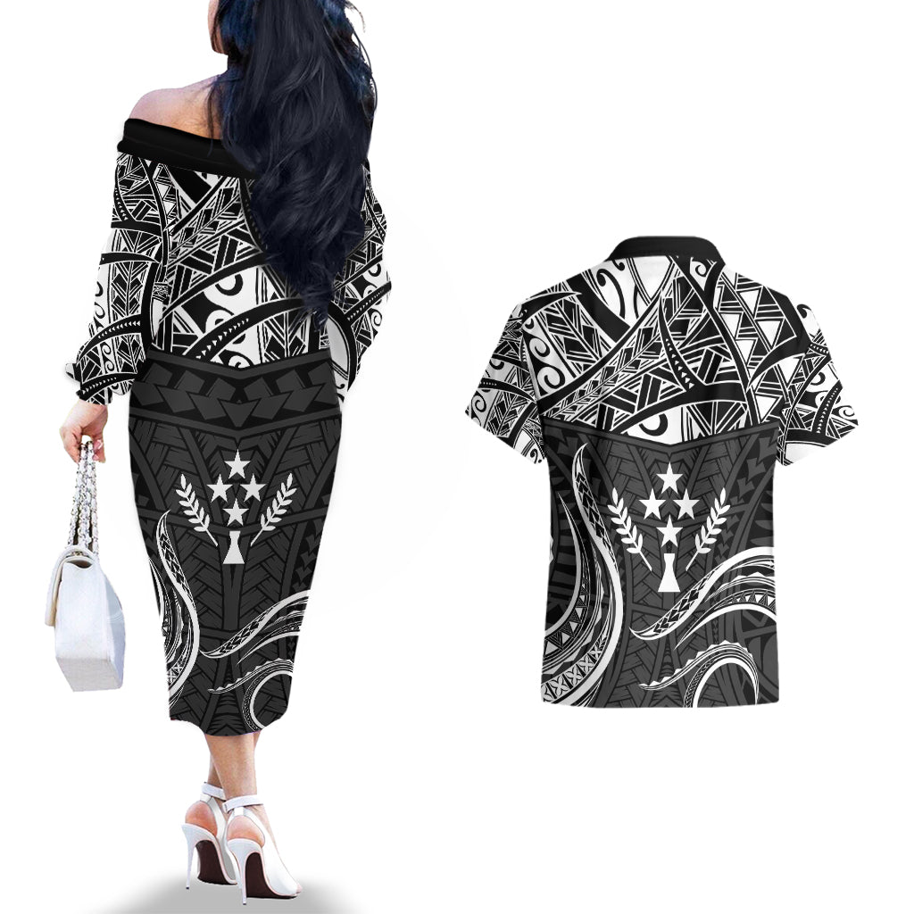 FSM Kosrae States Couples Matching Off The Shoulder Long Sleeve Dress and Hawaiian Shirt Micronesia Vintage Polynesian Tribal Black Version LT9 - Polynesian Pride