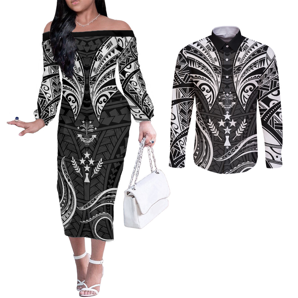 FSM Kosrae States Couples Matching Off The Shoulder Long Sleeve Dress and Long Sleeve Button Shirts Micronesia Vintage Polynesian Tribal Black Version LT9 Black - Polynesian Pride