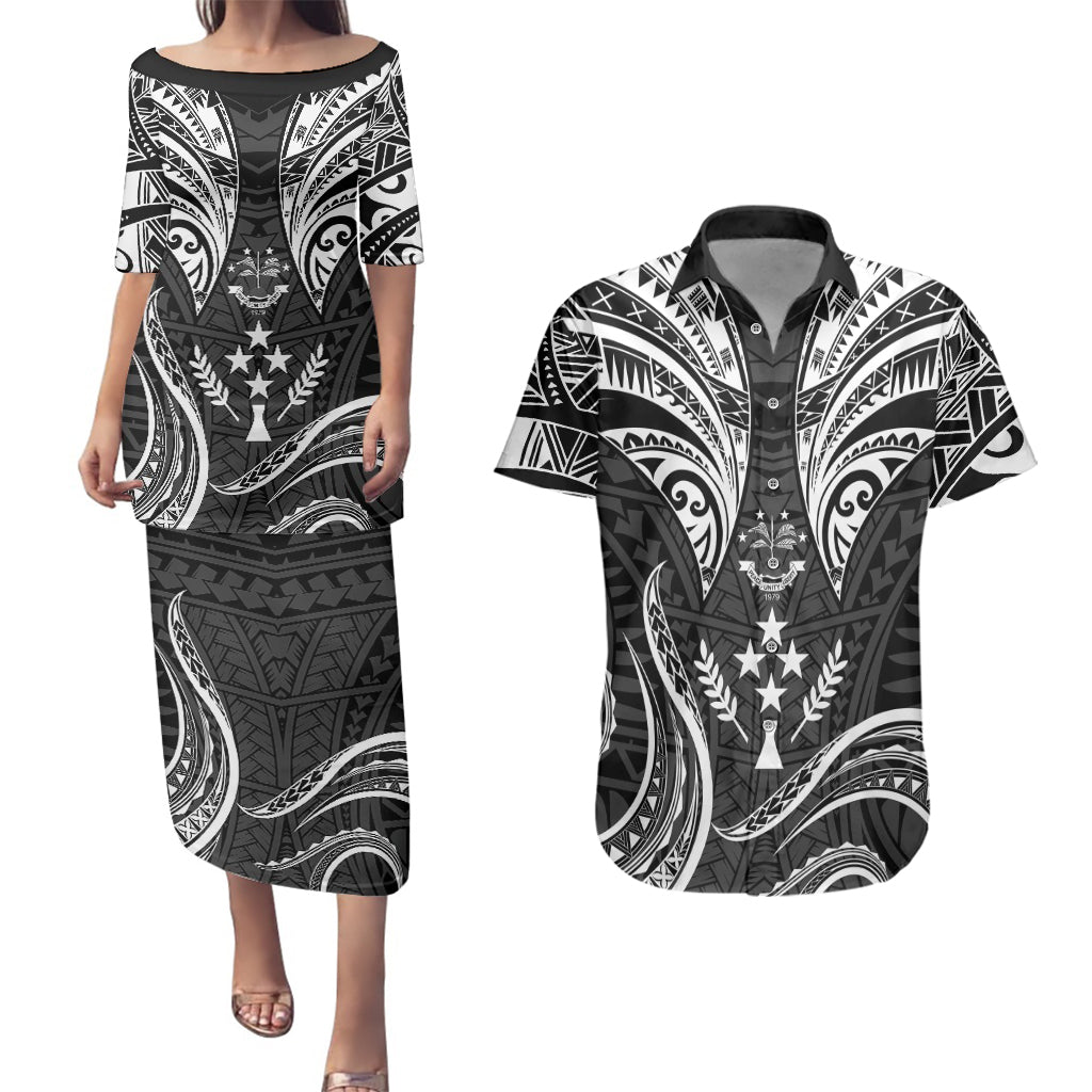 FSM Kosrae States Couples Matching Puletasi Dress and Hawaiian Shirt Micronesia Vintage Polynesian Tribal Black Version LT9 Black - Polynesian Pride