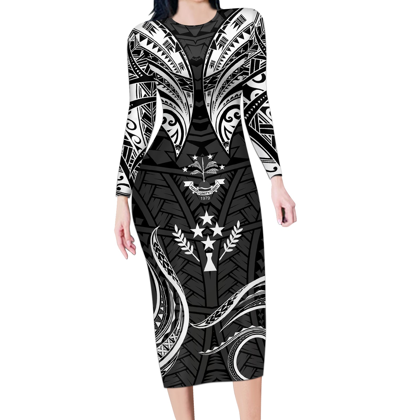 FSM Kosrae States Long Sleeve Bodycon Dress Micronesia Vintage Polynesian Tribal Black Version LT9 Long Dress Black - Polynesian Pride