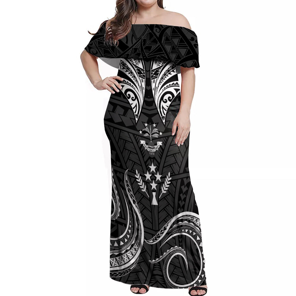 FSM Kosrae States Off Shoulder Maxi Dress Micronesia Vintage Polynesian Tribal Black Version LT9 Women Black - Polynesian Pride