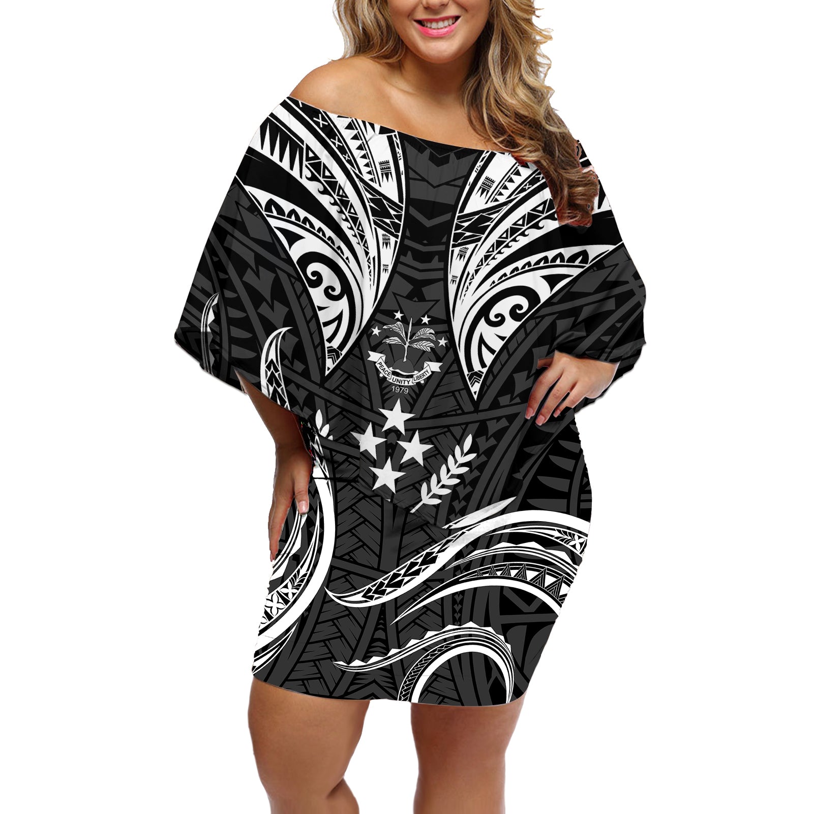 FSM Kosrae States Off Shoulder Short Dress Micronesia Vintage Polynesian Tribal Black Version LT9 Women Black - Polynesian Pride