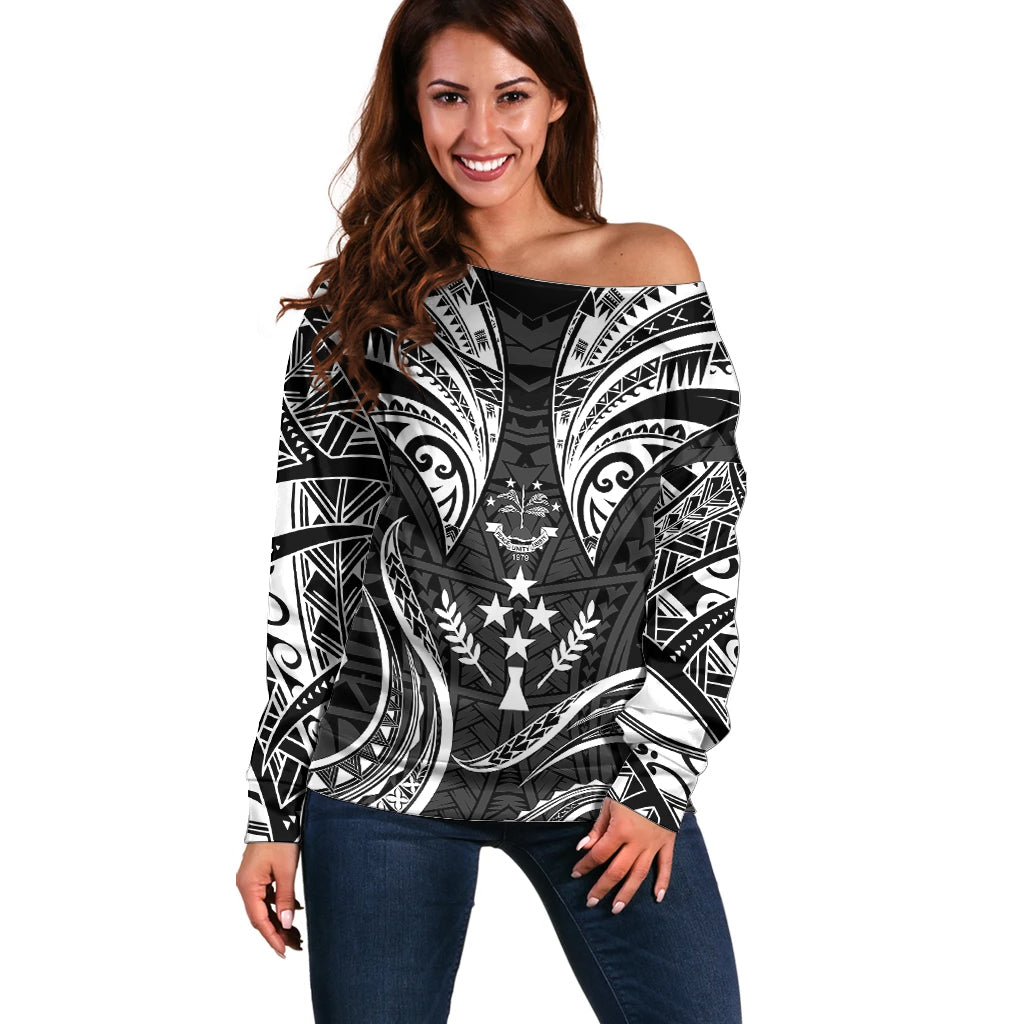 FSM Kosrae States Off Shoulder Sweater Micronesia Vintage Polynesian Tribal Black Version LT9 Women Black - Polynesian Pride