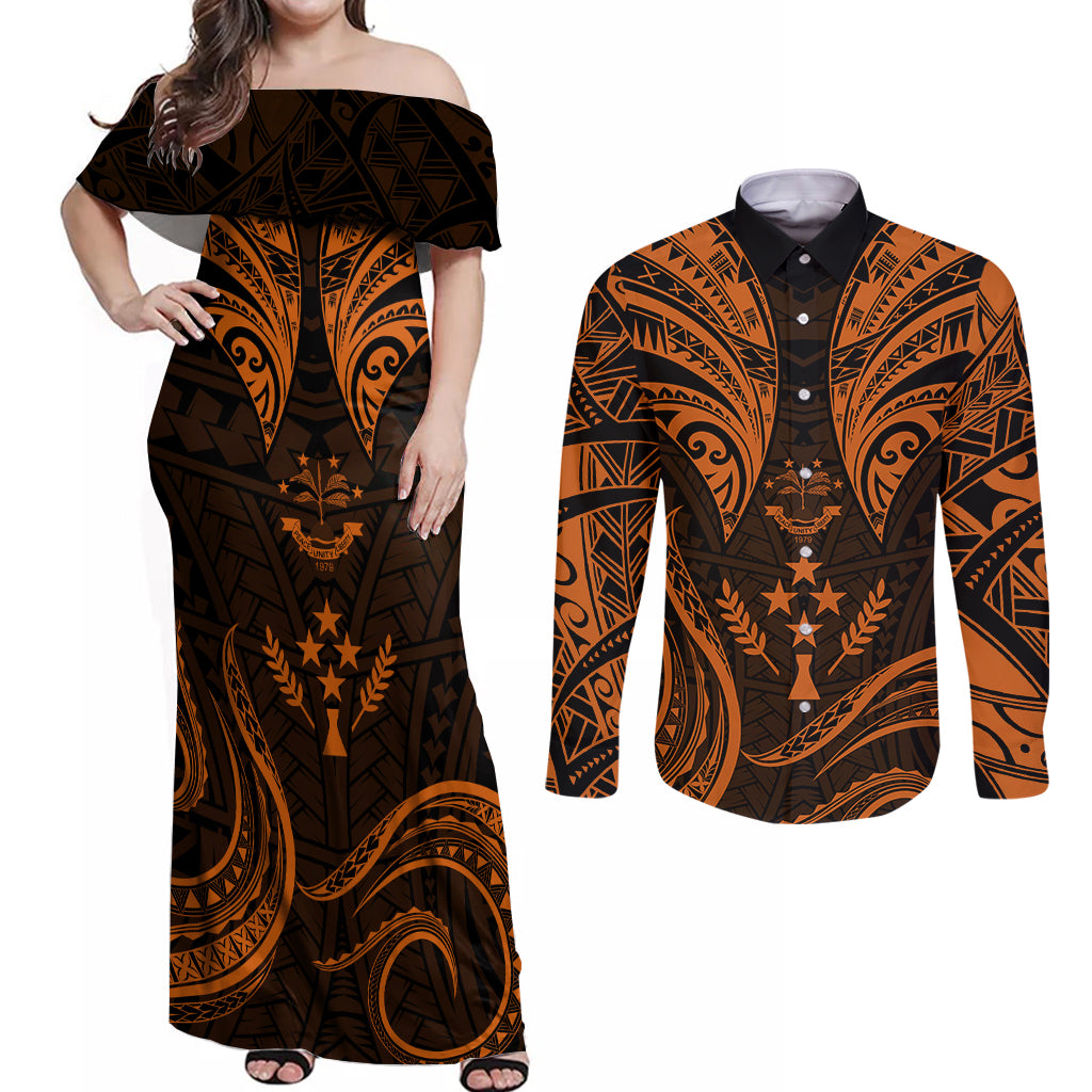 FSM Kosrae States Couples Matching Off Shoulder Maxi Dress and Long Sleeve Button Shirts Micronesia Vintage Polynesian Tribal Gold Version LT9 Gold - Polynesian Pride