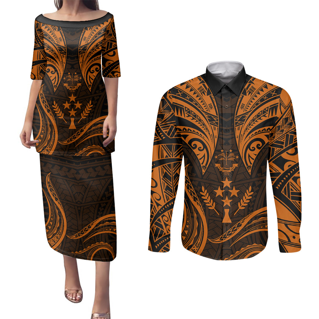 FSM Kosrae States Couples Matching Puletasi Dress and Long Sleeve Button Shirts Micronesia Vintage Polynesian Tribal Gold Version LT9 Gold - Polynesian Pride