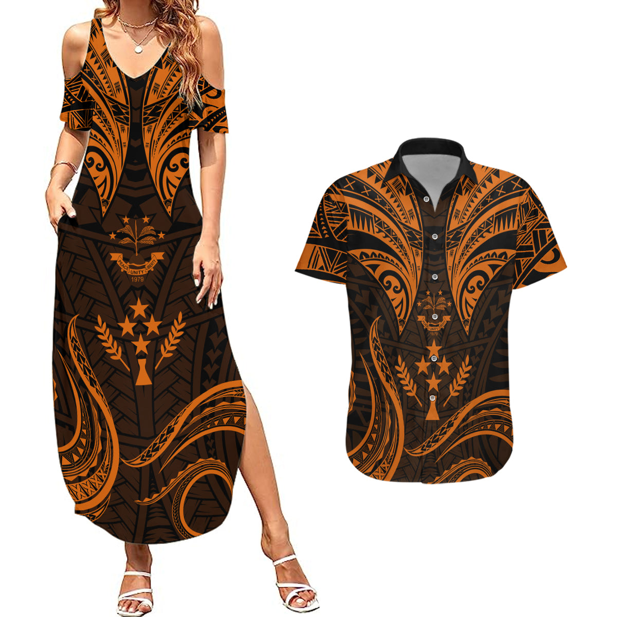 FSM Kosrae States Couples Matching Summer Maxi Dress and Hawaiian Shirt Micronesia Vintage Polynesian Tribal Gold Version LT9 Gold - Polynesian Pride