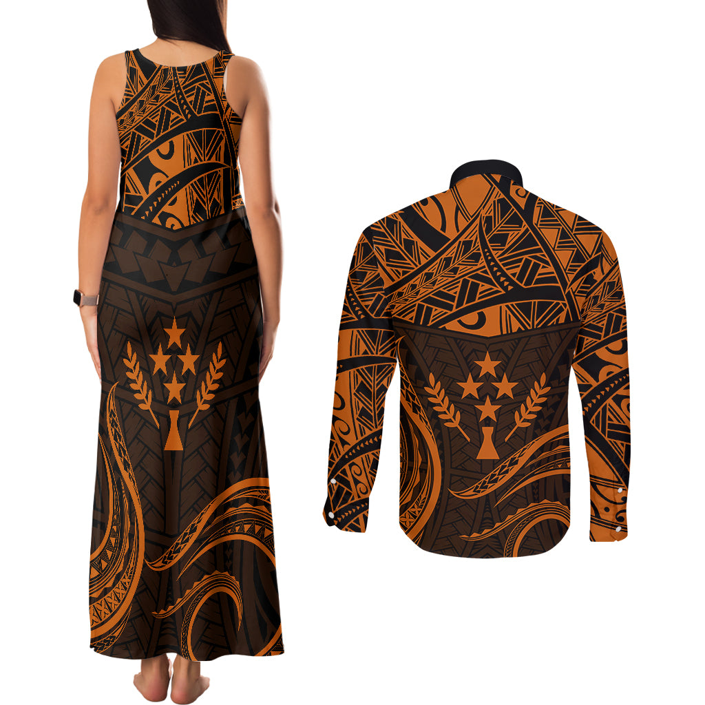 FSM Kosrae States Couples Matching Tank Maxi Dress and Long Sleeve Button Shirts Micronesia Vintage Polynesian Tribal Gold Version LT9 - Polynesian Pride