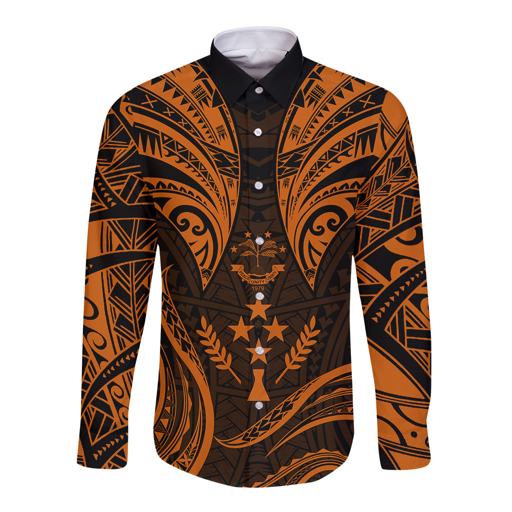 FSM Kosrae States Long Sleeve Button Shirt Micronesia Vintage Polynesian Tribal Gold Version LT9 Unisex Gold - Polynesian Pride