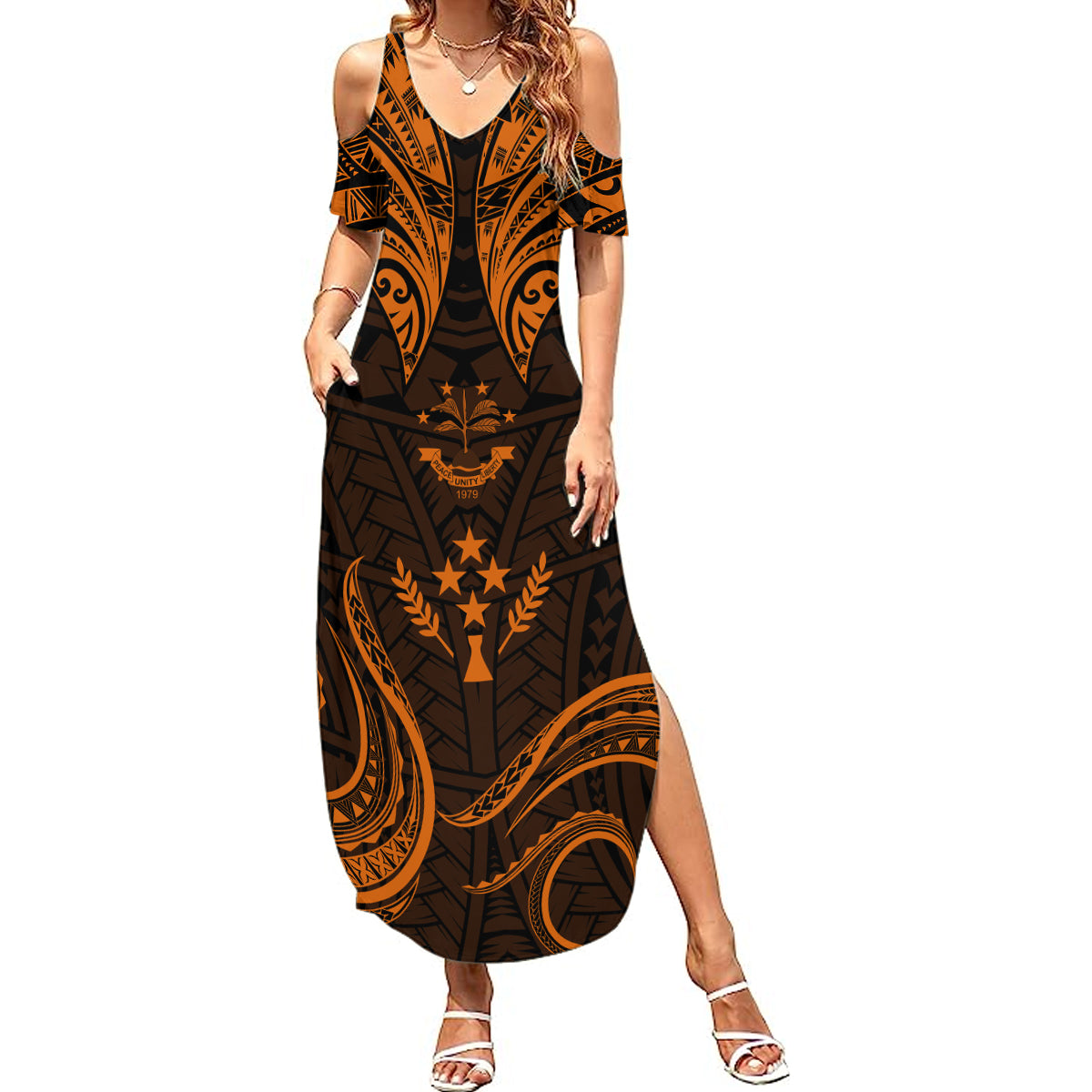 FSM Kosrae States Summer Maxi Dress Micronesia Vintage Polynesian Tribal Gold Version LT9 Women Gold - Polynesian Pride