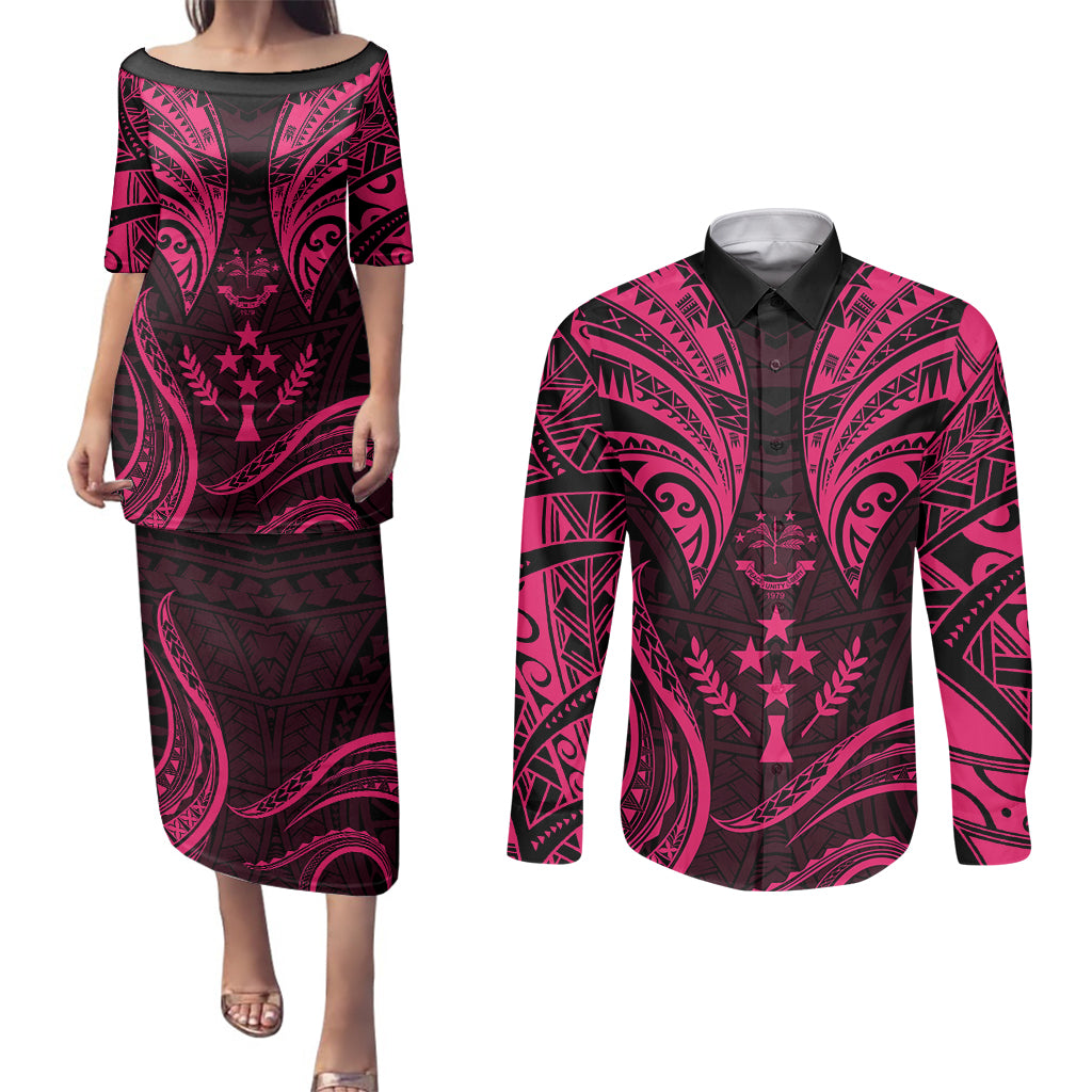 FSM Kosrae States Couples Matching Puletasi Dress and Long Sleeve Button Shirts Micronesia Vintage Polynesian Tribal Pink Version LT9 Pink - Polynesian Pride