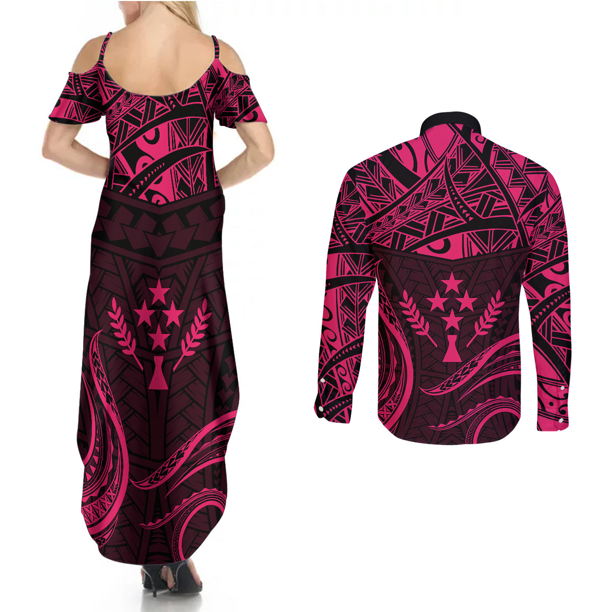 FSM Kosrae States Couples Matching Summer Maxi Dress and Long Sleeve Button Shirts Micronesia Vintage Polynesian Tribal Pink Version LT9 - Polynesian Pride