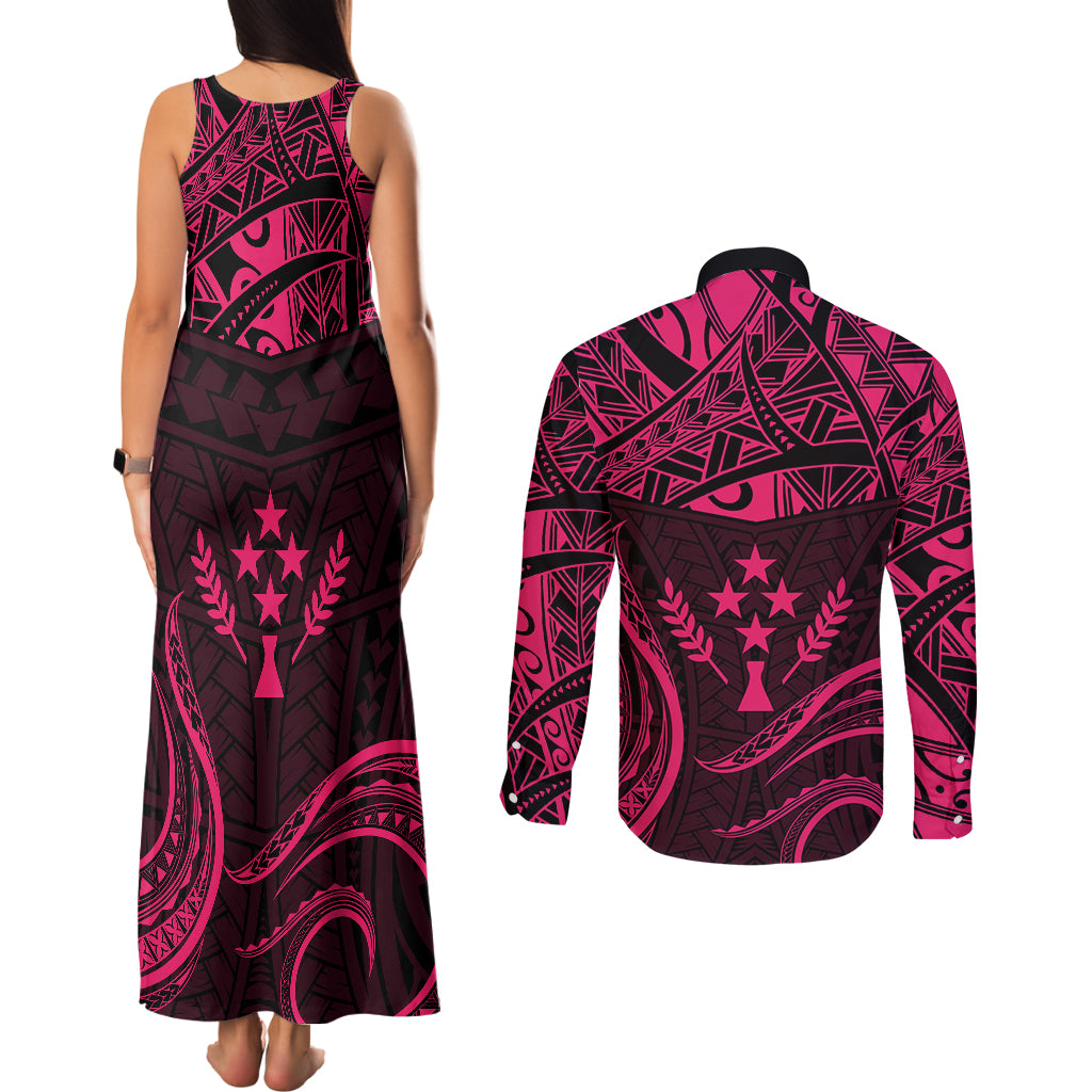 FSM Kosrae States Couples Matching Tank Maxi Dress and Long Sleeve Button Shirts Micronesia Vintage Polynesian Tribal Pink Version LT9 - Polynesian Pride