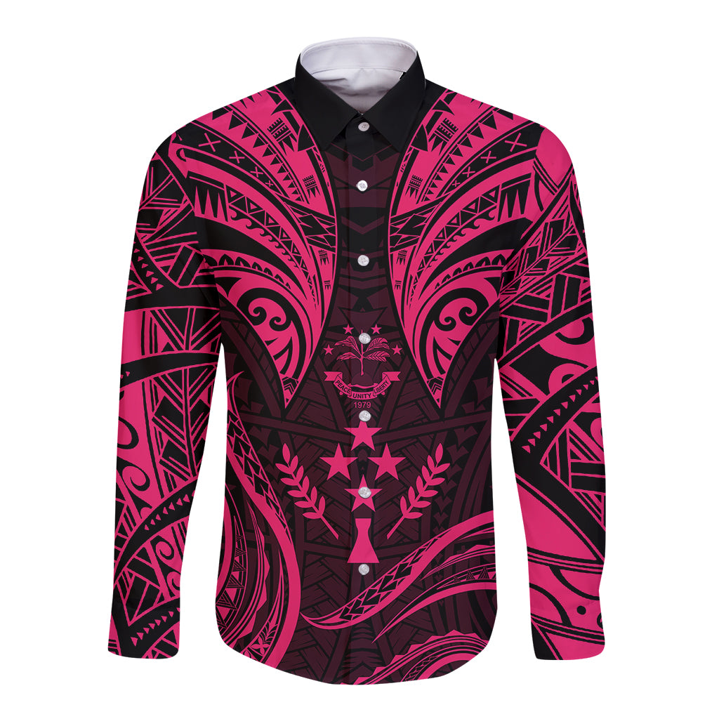 FSM Kosrae States Long Sleeve Button Shirt Micronesia Vintage Polynesian Tribal Pink Version LT9 Unisex Pink - Polynesian Pride