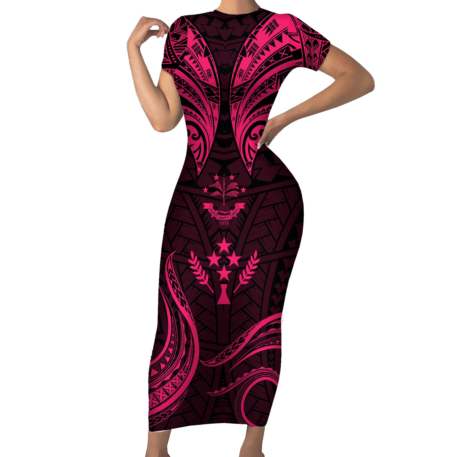 FSM Kosrae States Short Sleeve Bodycon Dress Micronesia Vintage Polynesian Tribal Pink Version LT9 Long Dress Pink - Polynesian Pride