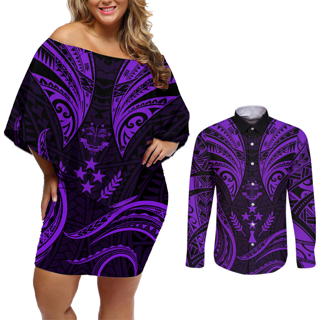 FSM Kosrae States Couples Matching Off Shoulder Short Dress and Long Sleeve Button Shirts Micronesia Vintage Polynesian Tribal Purple Version LT9 Purple - Polynesian Pride