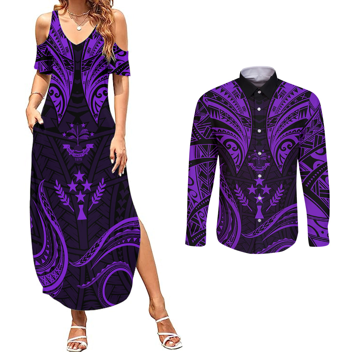 FSM Kosrae States Couples Matching Summer Maxi Dress and Long Sleeve Button Shirts Micronesia Vintage Polynesian Tribal Purple Version LT9 Purple - Polynesian Pride