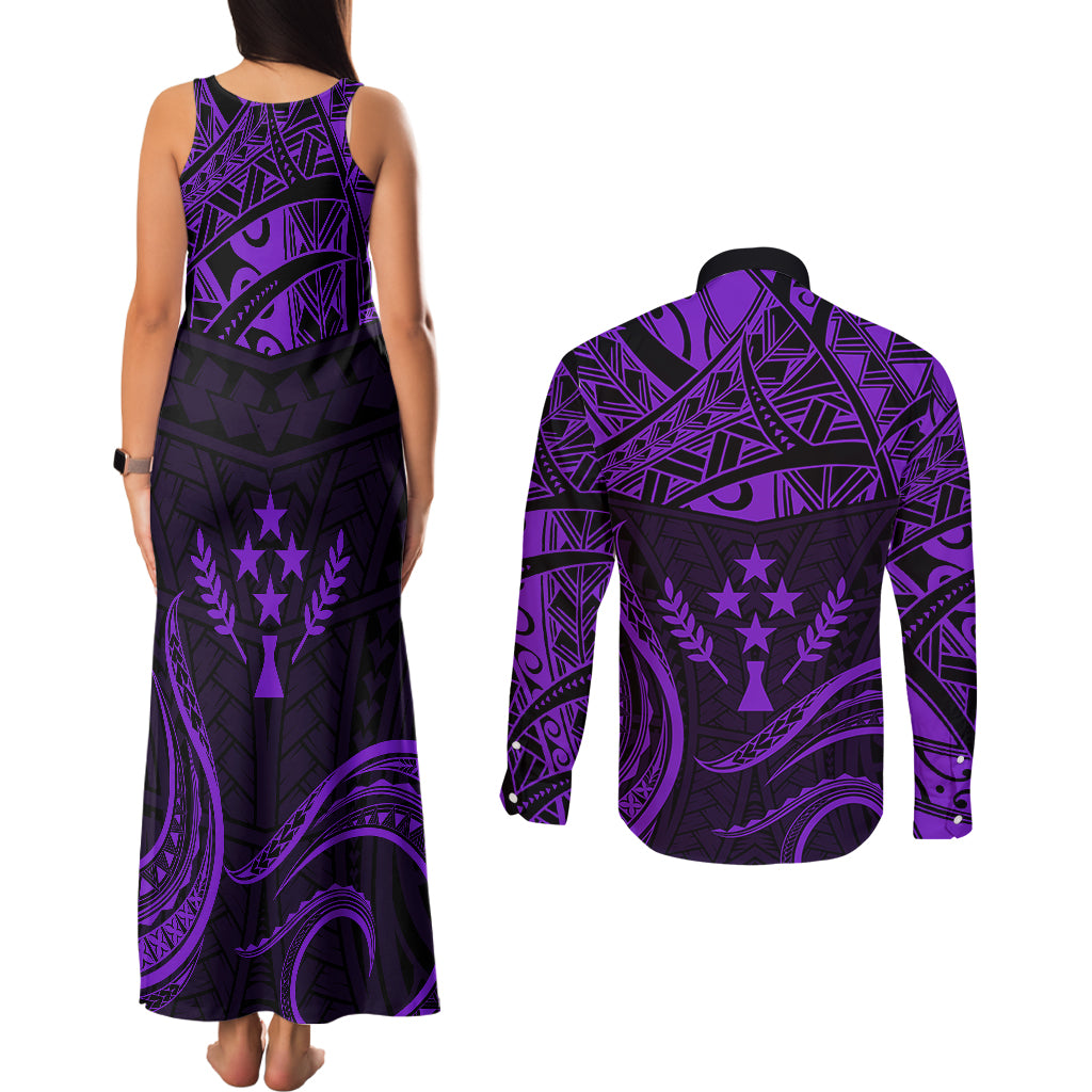 FSM Kosrae States Couples Matching Tank Maxi Dress and Long Sleeve Button Shirts Micronesia Vintage Polynesian Tribal Purple Version LT9 - Polynesian Pride