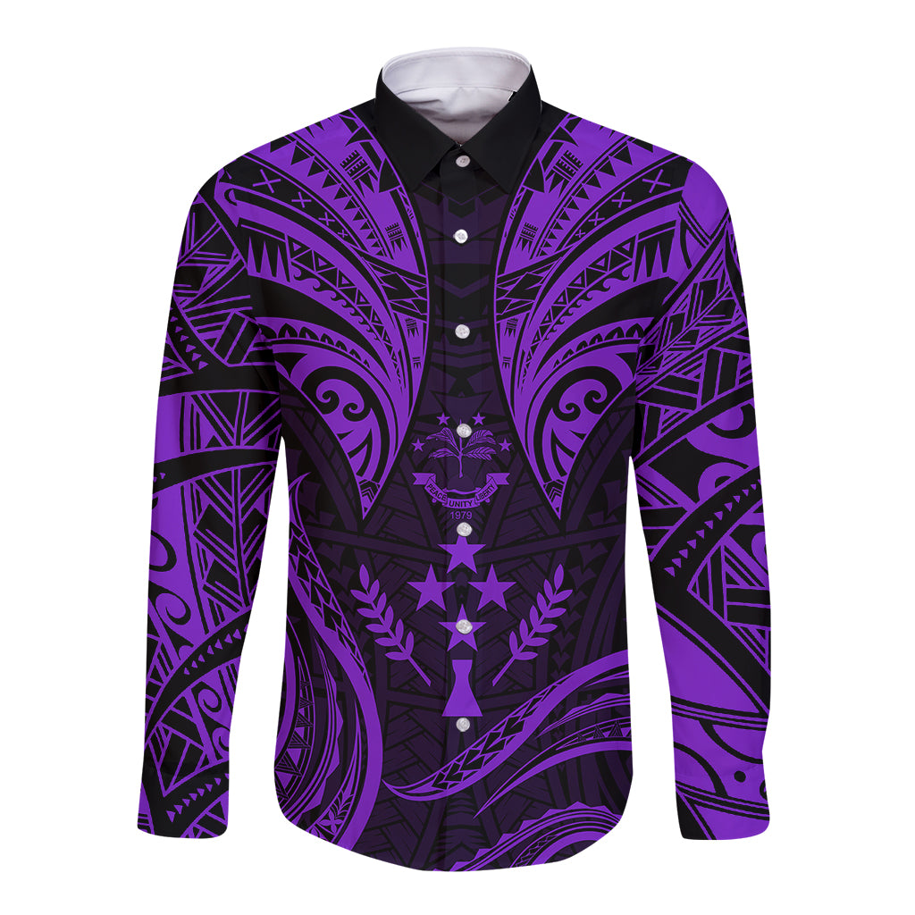 FSM Kosrae States Long Sleeve Button Shirt Micronesia Vintage Polynesian Tribal Purple Version LT9 Unisex Purple - Polynesian Pride