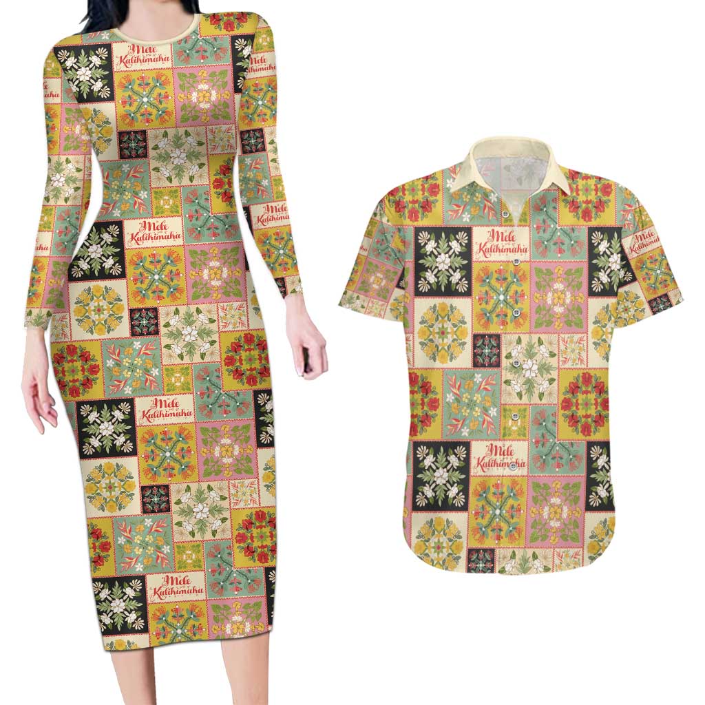 Mele Kalikimaka Hawaii Christmas Couples Matching Long Sleeve Bodycon Dress and Hawaiian Shirt Melemele Mama Seamless Floral Motif LT9 Beige - Polynesian Pride