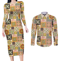 Mele Kalikimaka Hawaii Christmas Couples Matching Long Sleeve Bodycon Dress and Long Sleeve Button Shirt Melemele Mama Seamless Floral Motif LT9 Beige - Polynesian Pride