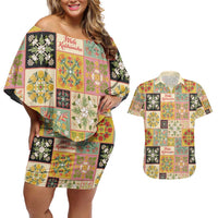 Mele Kalikimaka Hawaii Christmas Couples Matching Off Shoulder Short Dress and Hawaiian Shirt Melemele Mama Seamless Floral Motif LT9 Beige - Polynesian Pride