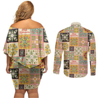 Mele Kalikimaka Hawaii Christmas Couples Matching Off Shoulder Short Dress and Long Sleeve Button Shirt Melemele Mama Seamless Floral Motif LT9 - Polynesian Pride