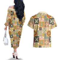 Mele Kalikimaka Hawaii Christmas Couples Matching Off The Shoulder Long Sleeve Dress and Hawaiian Shirt Melemele Mama Seamless Floral Motif - Polynesian Pride