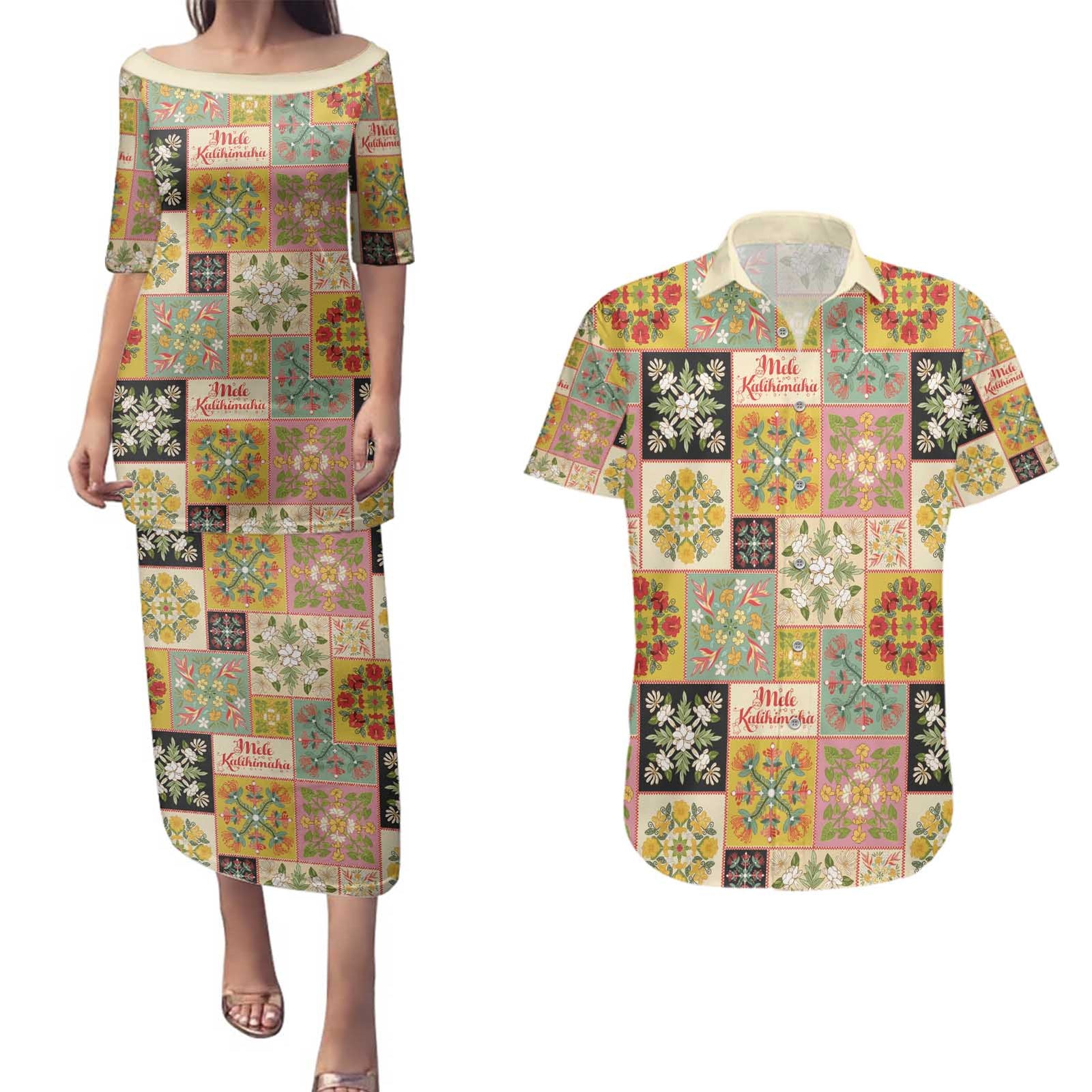 Mele Kalikimaka Hawaii Christmas Couples Matching Puletasi and Hawaiian Shirt Melemele Mama Seamless Floral Motif - Polynesian Pride