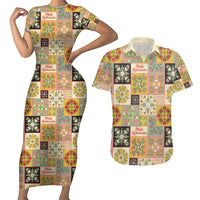 Mele Kalikimaka Hawaii Christmas Couples Matching Short Sleeve Bodycon Dress and Hawaiian Shirt Melemele Mama Seamless Floral Motif LT9 Beige - Polynesian Pride