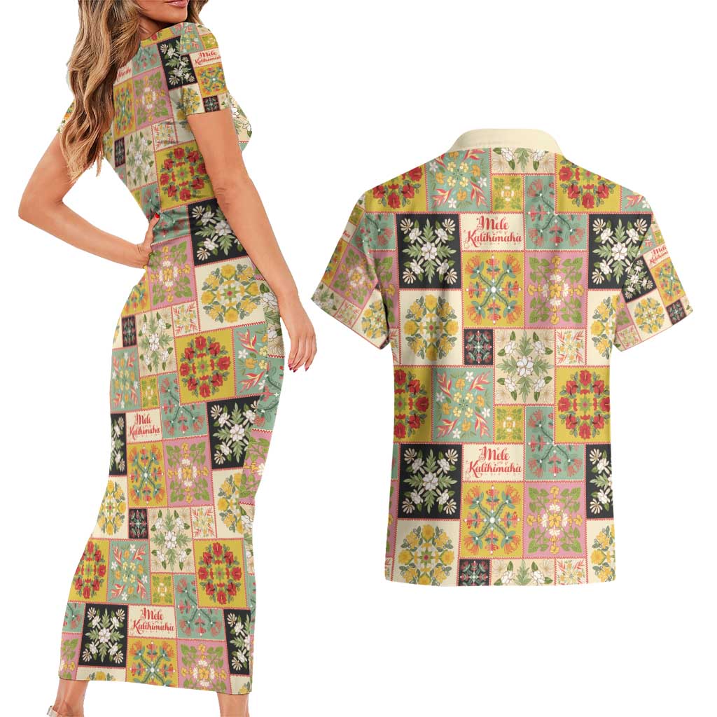 Mele Kalikimaka Hawaii Christmas Couples Matching Short Sleeve Bodycon Dress and Hawaiian Shirt Melemele Mama Seamless Floral Motif LT9 - Polynesian Pride