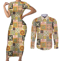 Mele Kalikimaka Hawaii Christmas Couples Matching Short Sleeve Bodycon Dress and Long Sleeve Button Shirt Melemele Mama Seamless Floral Motif LT9 Beige - Polynesian Pride