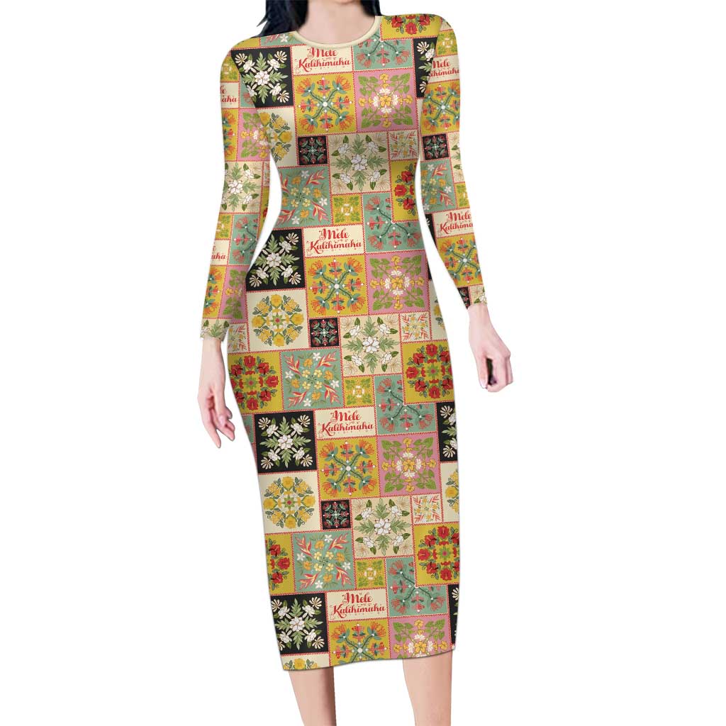 Mele Kalikimaka Hawaii Christmas Family Matching Long Sleeve Bodycon Dress and Hawaiian Shirt Melemele Mama Seamless Floral Motif LT9 Mom's Dress Beige - Polynesian Pride