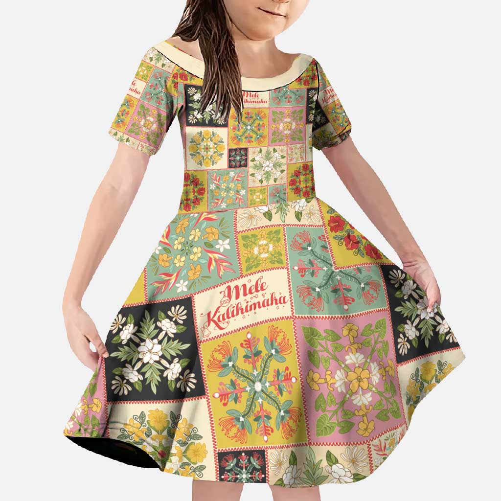Mele Kalikimaka Hawaii Christmas Family Matching Short Sleeve Bodycon Dress and Hawaiian Shirt Melemele Mama Seamless Floral Motif LT9 Daughter's Dress Beige - Polynesian Pride