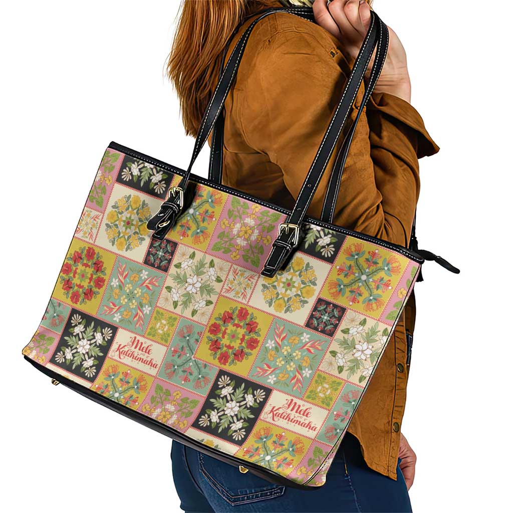 Mele Kalikimaka Hawaii Christmas Leather Tote Bag Melemele Mama Seamless Floral Motif - Polynesian Pride