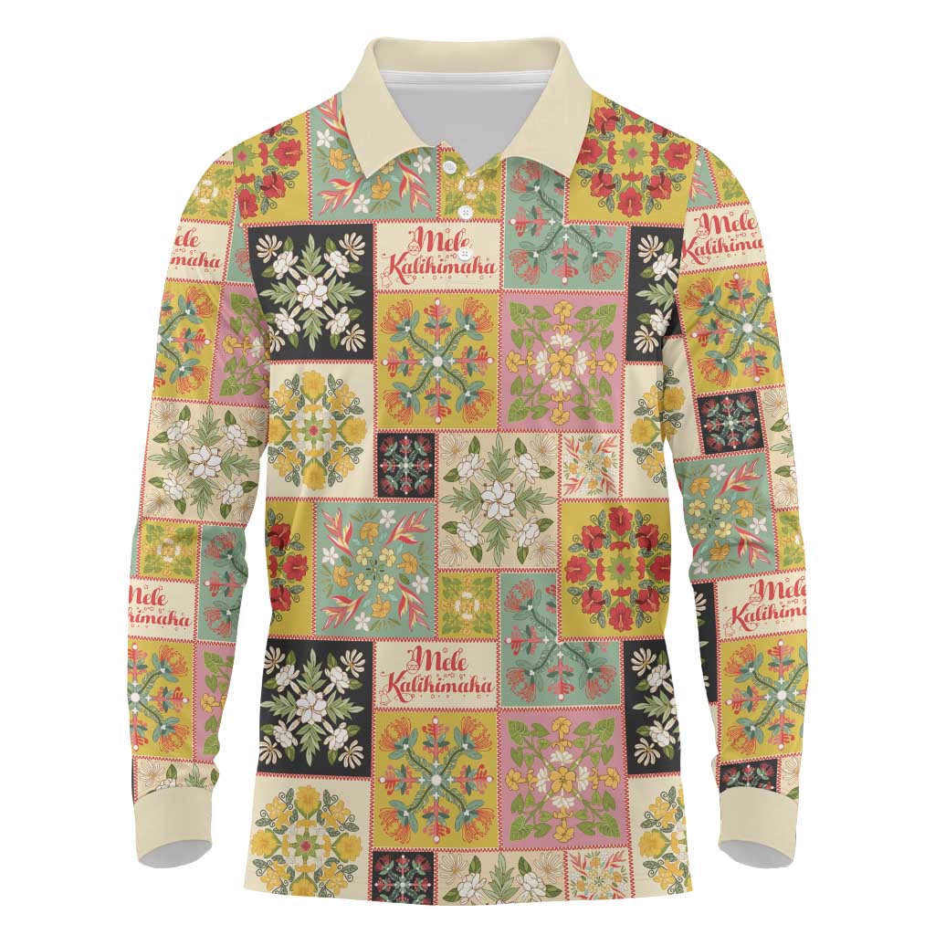 Mele Kalikimaka Hawaii Christmas Long Sleeve Polo Shirt Melemele Mama Seamless Floral Motif - Polynesian Pride