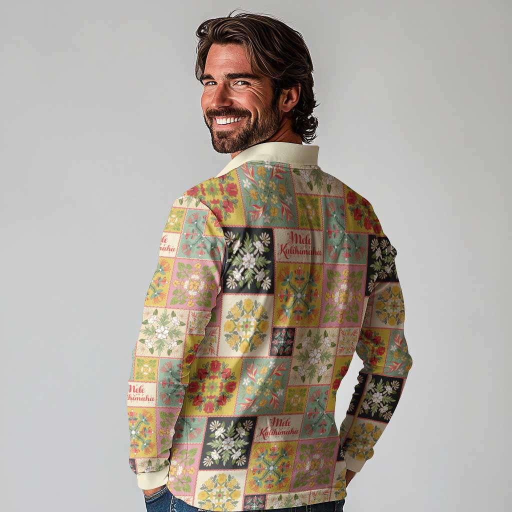 Mele Kalikimaka Hawaii Christmas Long Sleeve Polo Shirt Melemele Mama Seamless Floral Motif - Polynesian Pride