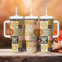 Mele Kalikimaka Hawaii Christmas Tumbler With Handle Melemele Mama Seamless Floral Motif - Polynesian Pride